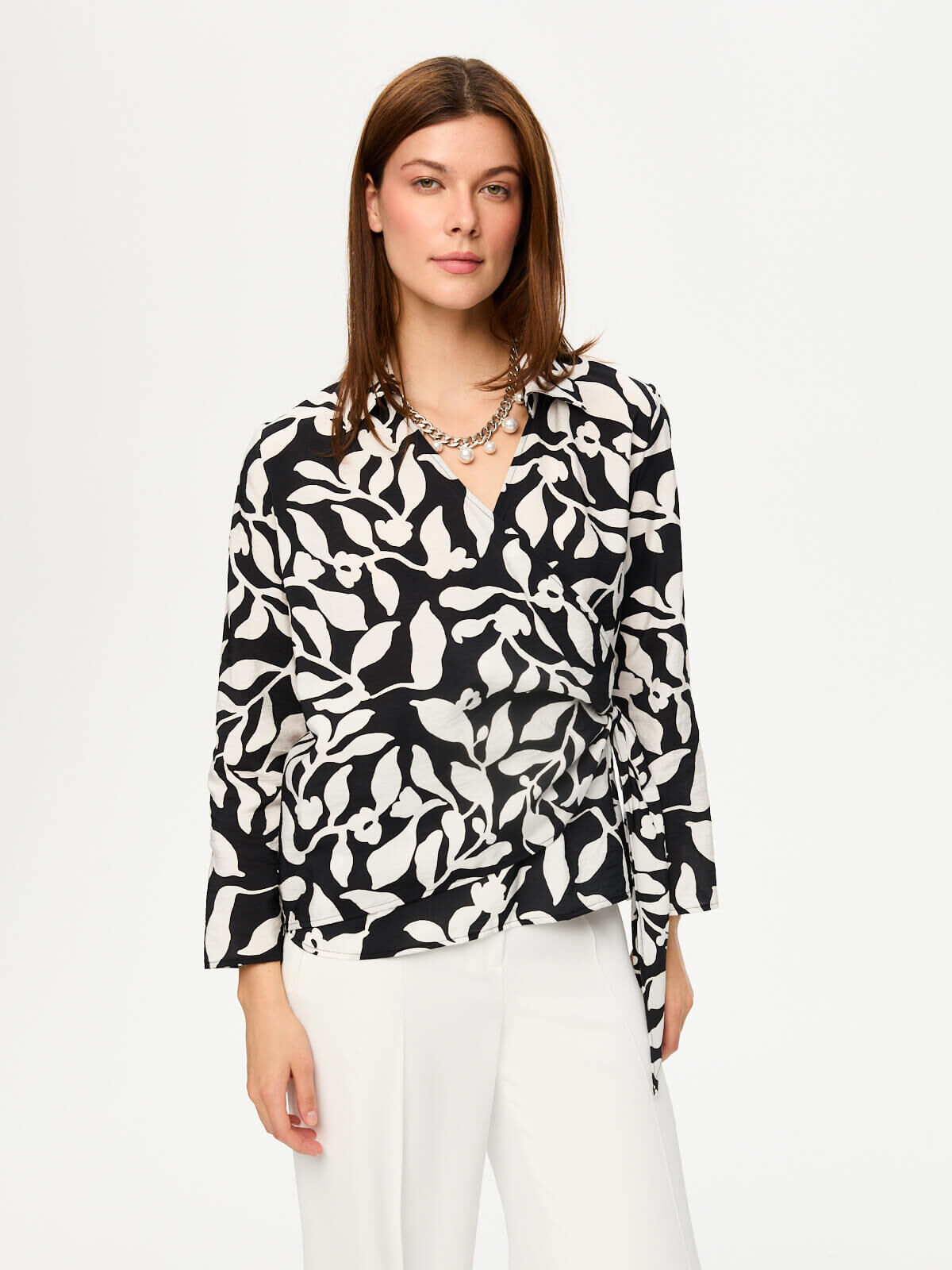 Monochrome Desen Beli Bağcık Detaylı Uzun Kol Bluz S26BLZ018