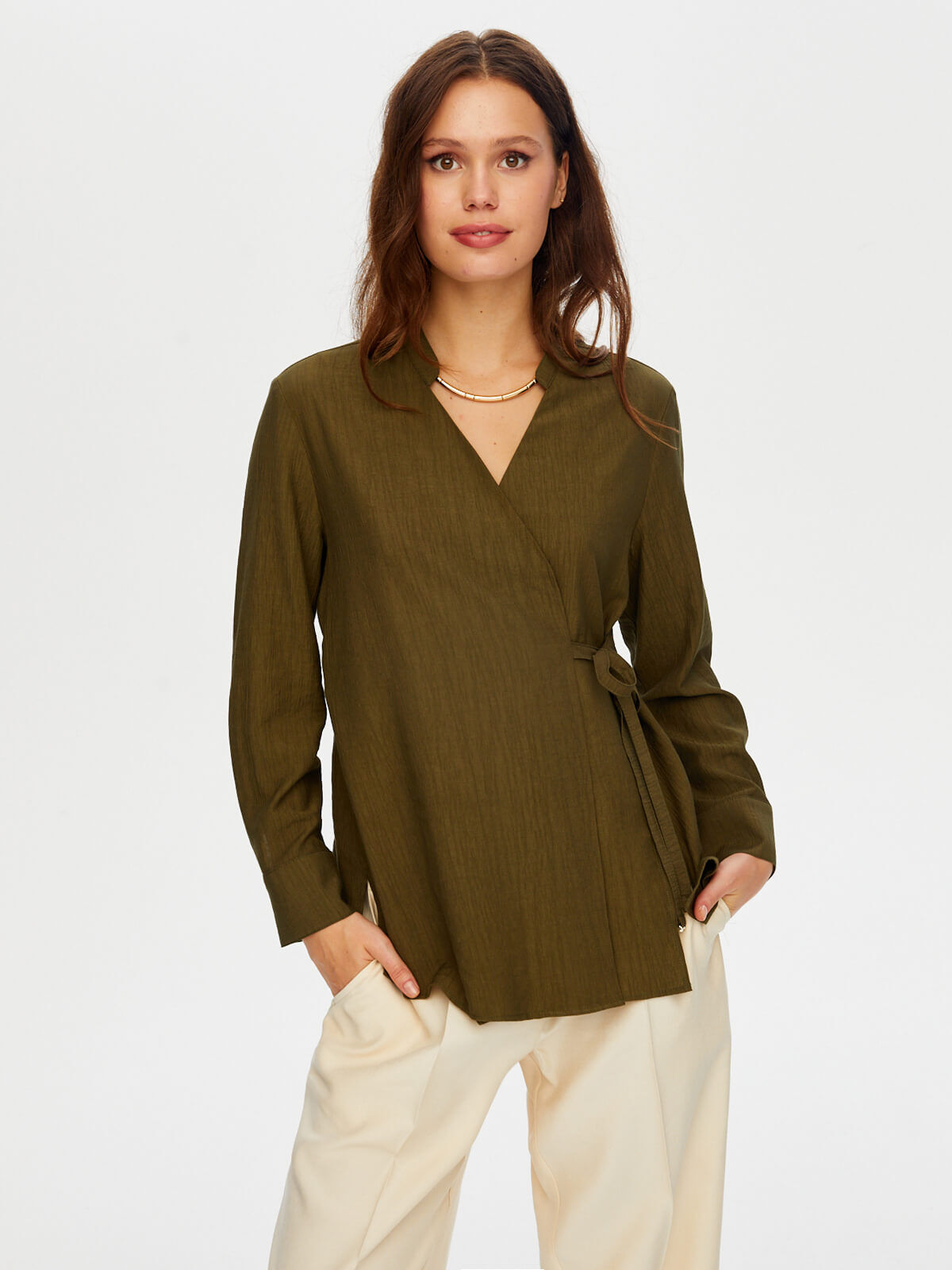 Beli Bağcıklı Kendinden Dokulu Kaçık Yaka Tunik W26TNK003