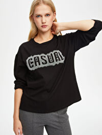 Slogan Baskılı Yuvarlak Yaka Uzun Kol Sweatshirt 69580