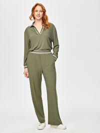 Relax Çizgili Ribana Detaylı Wide Leg Örme Pantolon 69767