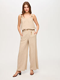 Wide Leg Fit Metal Aksesuarlı Keten Karışımlı Pantolon S26PNT034