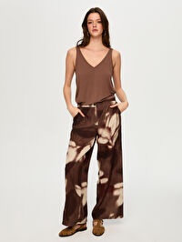 Soyut Çiçek Desen Ketenli Wide Leg Fit Pantolon S26PNT035