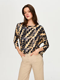 Yaprak Desen Yuvarlak Yaka 3/3 Kol Tshirt S26TSH099