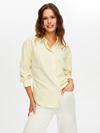 Beli Kuşak Detaylı Çizgili Poplin Gömlek W26GML022