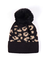Ponponlu Leopar Desenli İçi Polarlı Bere W26SPB004
