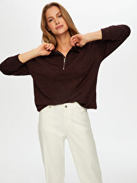 Yarım Fermuarlı Triko Görünümlü Sweatshirt W26SWT001
