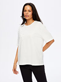 Taş Detaylı Yuvarlak Yaka Pamuklu Tshirt W26TSH051
