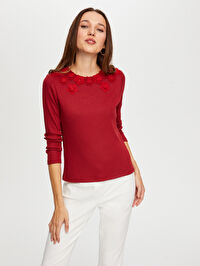 Dantel Çiçek Aplikeli Yuvarlak Yaka Kaşkorse Tshirt W26TSH070