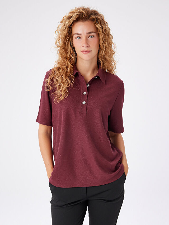 Özel Düğmeli Kendinden Simli Polo Yaka Tshirt W27TSH093