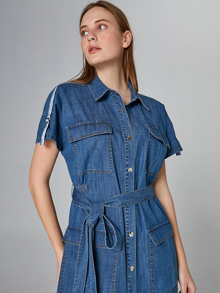 よしこ Kargo Cepli Kısa Kollu Jean Elbise 64354