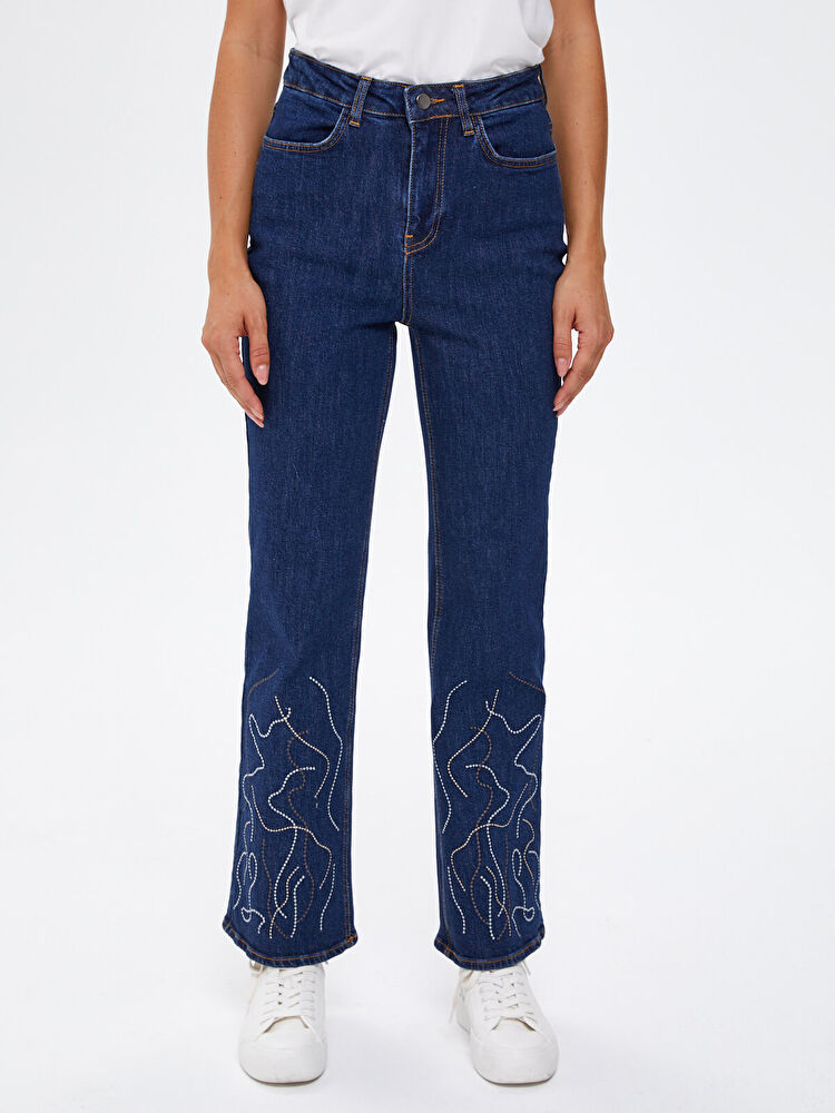 Paçası Sim Nakışlı Wıde Leg Jean Pantolon 67354