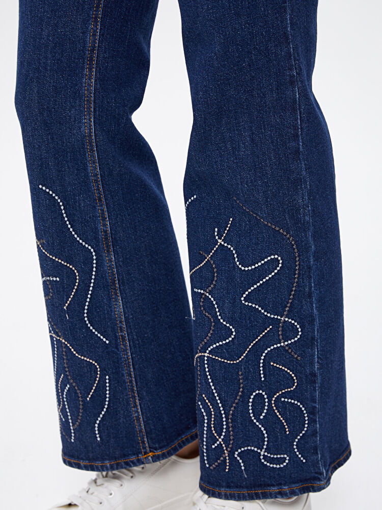 Paçası Sim Nakışlı Wıde Leg Jean Pantolon 67354